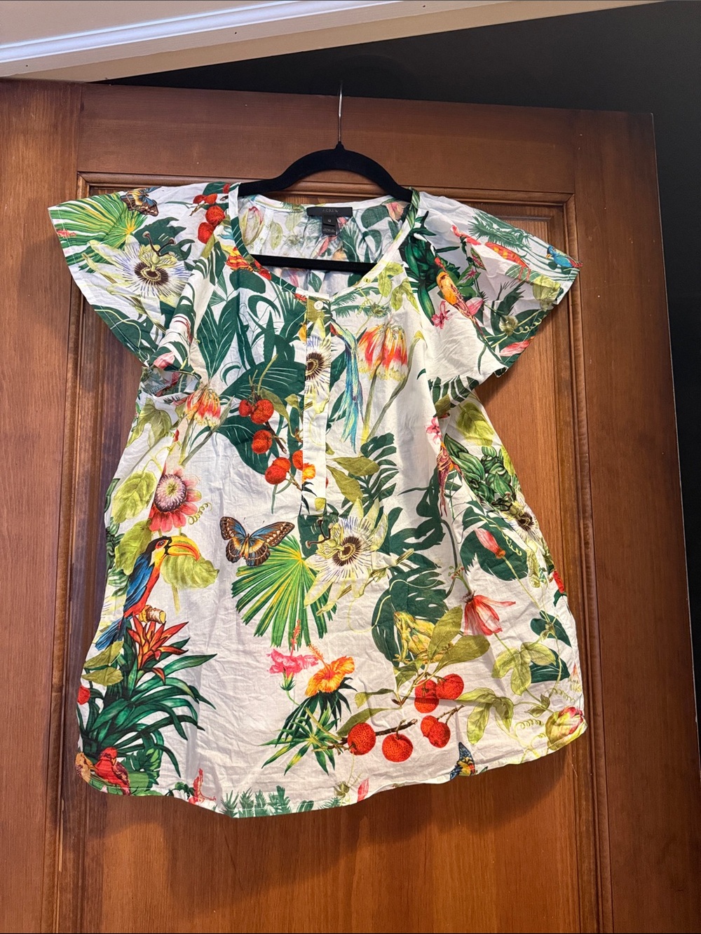 J. Crew White Tropical Print Flutter Sleeve Blouse